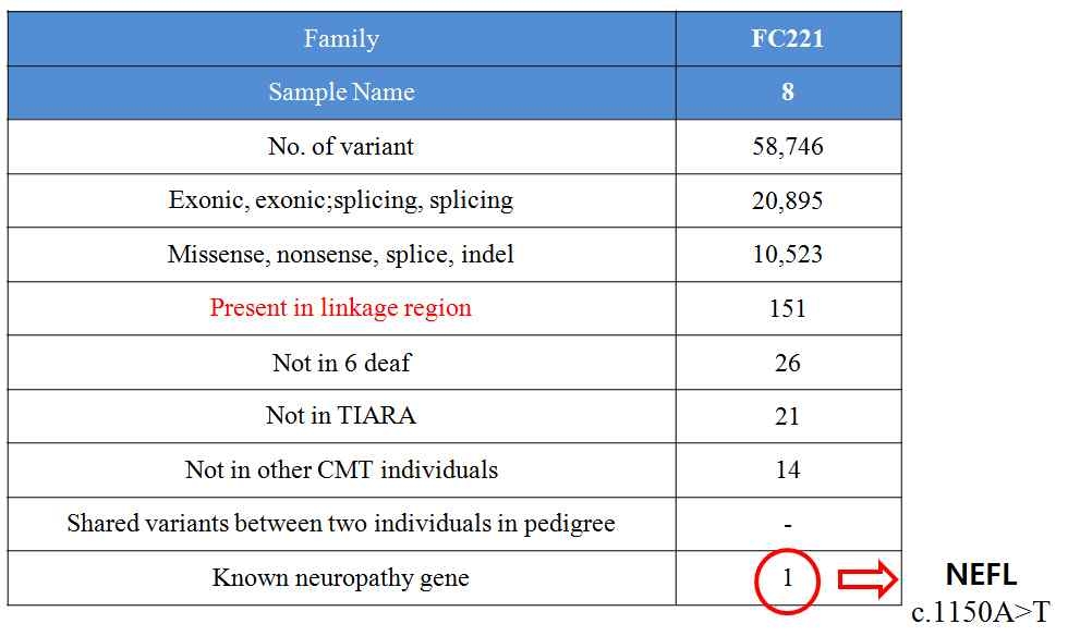 FC221 가족 환자(#8, III-15) exome 데이터의 원인 변이 filtering 과정