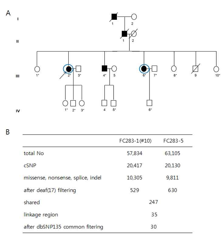 FC283 가족의 pedigree(A), filtering 과정(B)