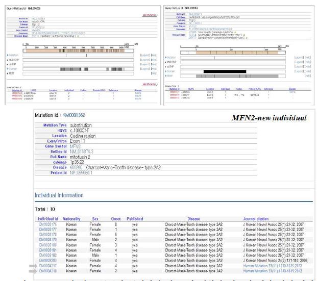KMD에 신규 등록된 돌연변이 자료 및 질환자 정보에 대한 검색 화면