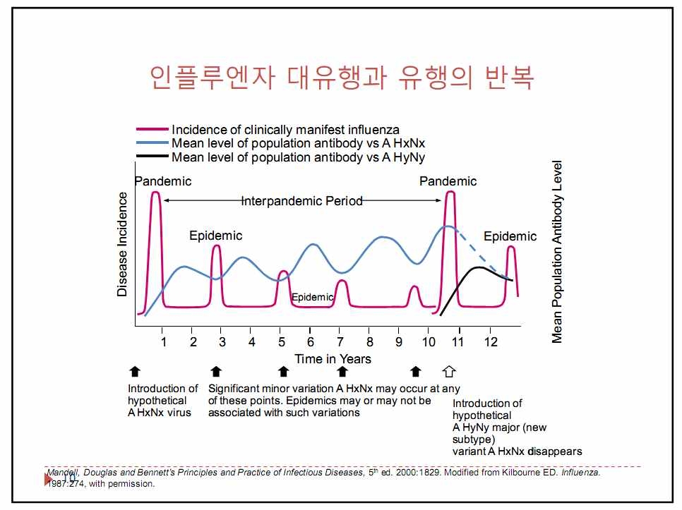 인플루엔자 표면항원의 변이(Antigenic drift & shift)에 따라 유행과 대유행이 반복 발생한다.