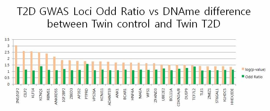 T2D GWAS에서 알려진 마커들의 Odd Ratio와 DDMZT study에서의 DNA methylation 변이