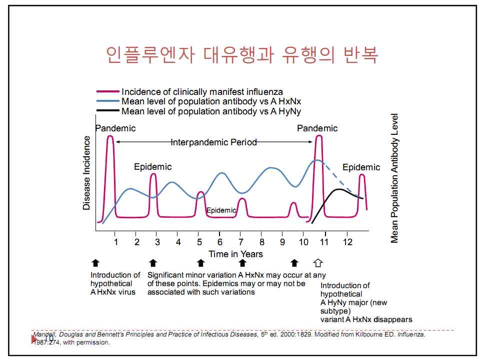 인플루엔자 표면항원형의 변이(Antigenic drift & shift)에 따라 유행과 대유행이 반복된다