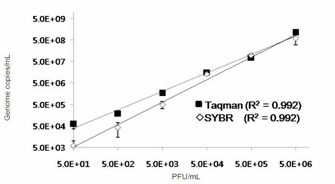 Baculovirus 배양액으로부터 SYBRgreen 기반 baculovirus Q-PCR과 Taqman probe 기반 baculovirus의 민감도 측정