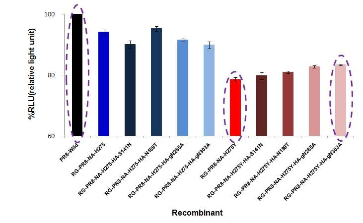 NA activity of the wild type virus and oseltamivir sensitive viruses Both were similar to NA activity whereas oseltamivir resistant viruses were lower than that of the oseltamivir sensitive viruses