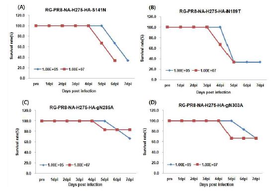 Effect of survival rate in the inoculated mice with HA mutation recombinants on NA sensitive virus (RG-PR8-NA-H275)