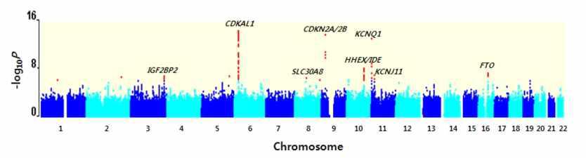 Genome-wide Manhattan plot for the EA T2D stage 1 meta-analysis