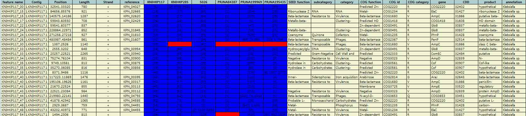 그림 59. KNIHKP117, KNIHKP285, NDM2056과 비교 균주의 beta-lactamase 관련 유전자 비교 테이블