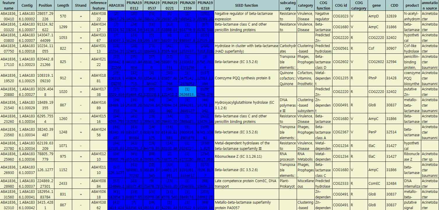 그림 63. A. baumannii ABA1836 균주와 유사 균주들의 beta-lactamse 유전자 비교 테이블