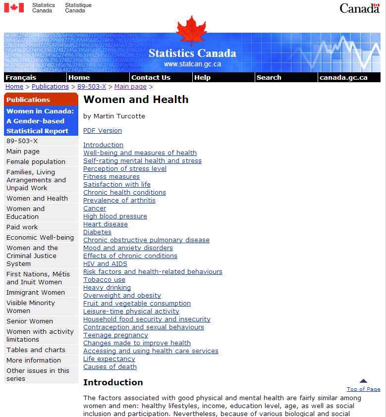 캐나다 여성통계 사이트 중 건강 부문