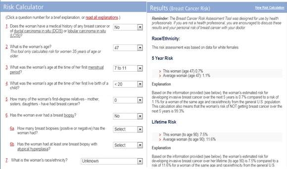 그림 12. 유방암 리스크 측정 서비스 입력 (좌) 및 결과 (우) 페이지