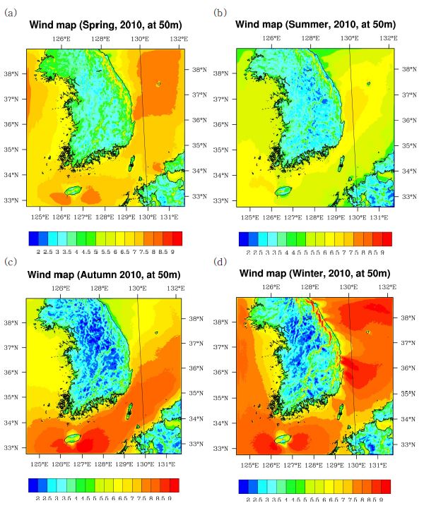 Fig. 2.1.11. Contour plots of the mean wind speed in (a) Spring, (b) Summer, (c) Autumn, and (d) Winter in 2010 at 50 m height