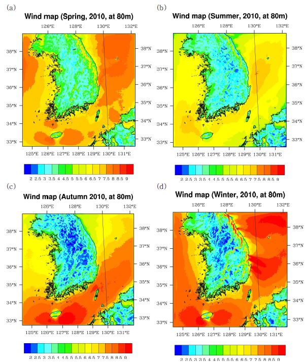 Fig. 2.1.12. Contour plots of the mean wind speed in (a) Spring, (b) Summer, (c) Autumn, and (d) Winter in 2010 at 80 m height