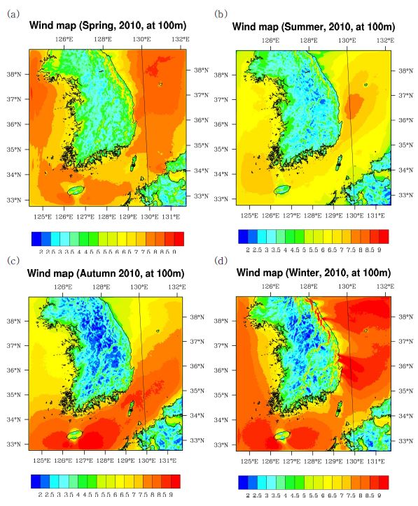 Fig. 2.1.13. Contour plots of the mean wind speed in (a) Spring, (b) Summer, (c) Autumn, and (d) Winter in 2010 at 100 m height