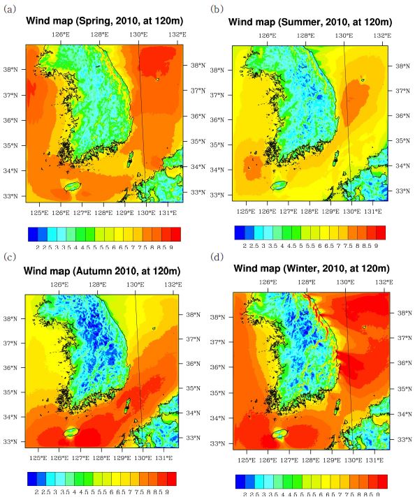 Fig. 2.1.14. Contour plots of the mean wind speed in (a) Spring, (b) Summer, (c) Autumn, and (d) Winter in 2010 at 120 m height