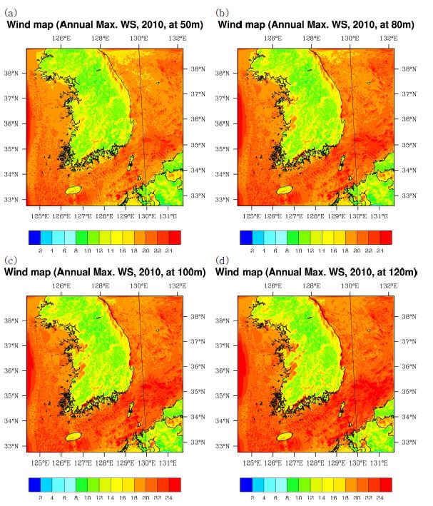 Fig. 2.1.16. Contour plots of the annual mean wind speed in 2010 at (a) 50 m, (b) 80 m, (c) 100 m, and (d) 120 m height