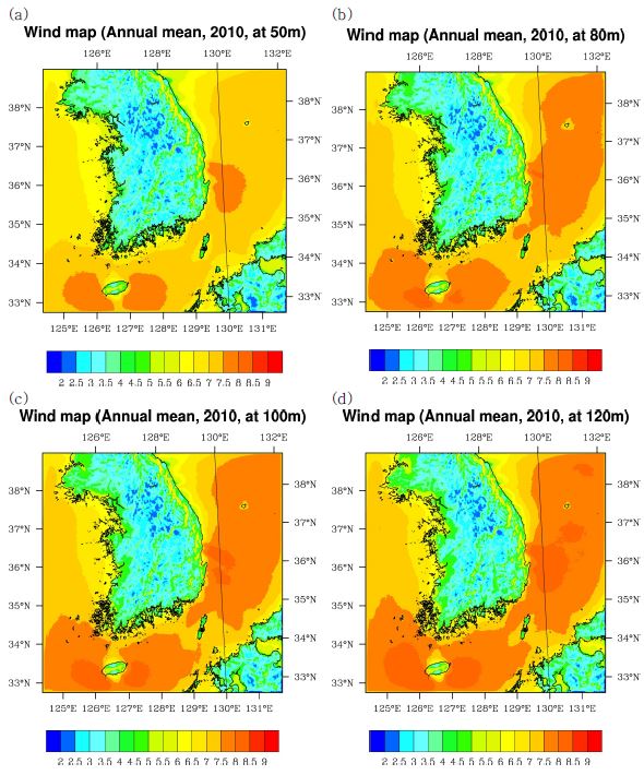 Fig. 2.1.17. Contour plots of the annual maximum wind speed in 2010 at (a) 50 m, (b) 80 m, (c) 100 m, and (d) 120 m height