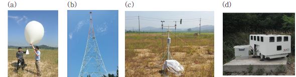 Fig. 2.2.1. Observation measurements. (a) radiosonde, (b) met-tower, (c) AWS, and (d) wind lidar