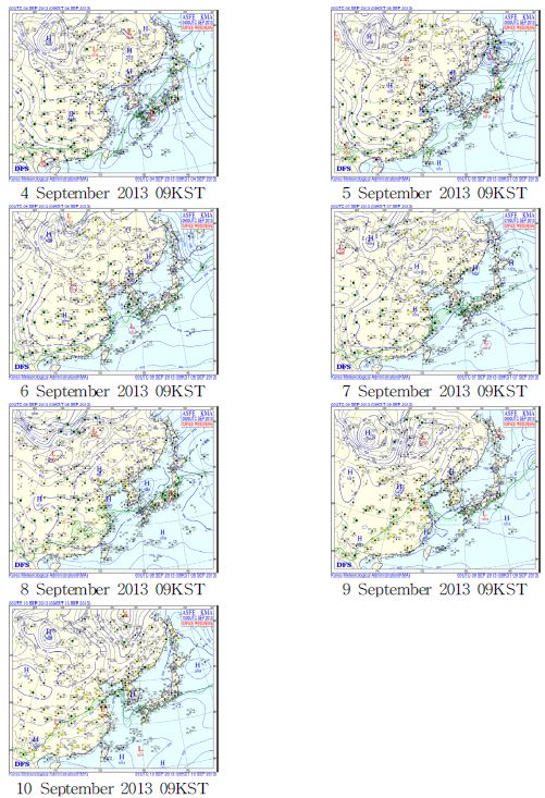 Fig. 2.2.3. 3-hourly surface weather chart for 2013090409 ? 2013090709(KST)