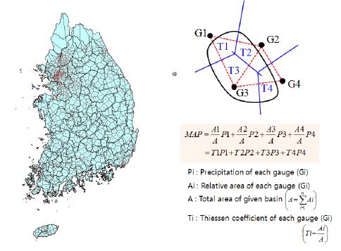 Fig. 5.3.3 Example of Thiessen polygon(blue solid line) and computation of MAP