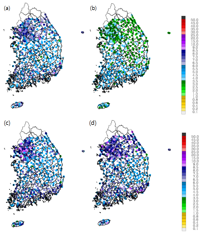 Fig. 5.4.2. Distribution of point mean precipitation (mm/h) of (a) rain-gauge, (b)Rraw, (c) Rrar and (d) Rsc during summer 2009