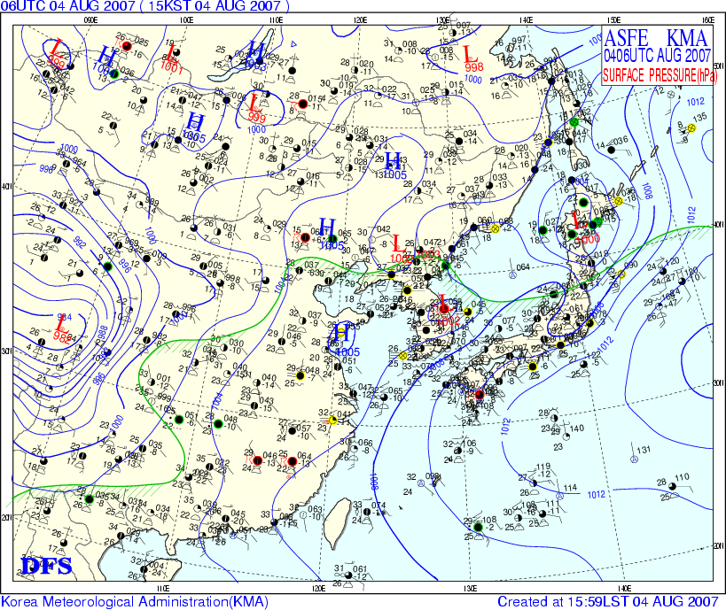 Fig. 5.4.12. Surface weather chart at 1500 LST 4 Aug. 2007, 20 Jul. 2008 and 12Jul. 2009