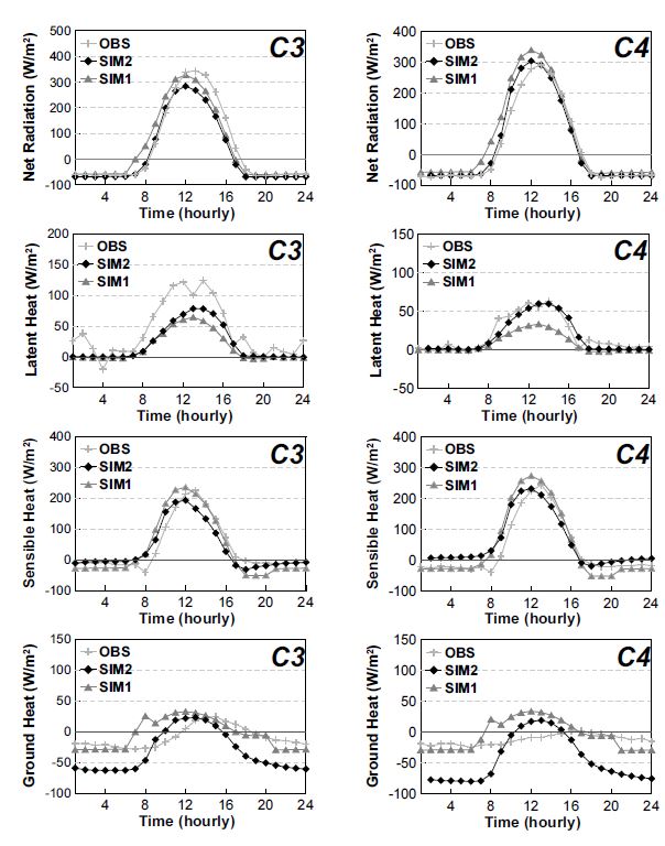 Fig. 3.5.3. Comparison of diurnally average observed and simulated energy flux at C3 and C4 site