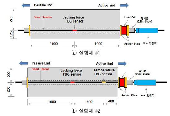 그림 3.4.5 실험체별 FBG 센서 위치 및 긴장방법