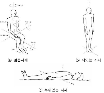 그림 6.2 인간의 몸에 대한 자세별 기본 축 (ISO 2631-1, 1997)