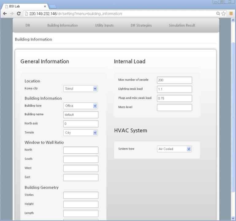 그림 5.28 Web 기반 수요반응 평가 프로그램 건물정보 입력(Step 1) 화면