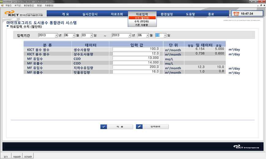 용수 통합관리 수동 계측값 자료입력 화면