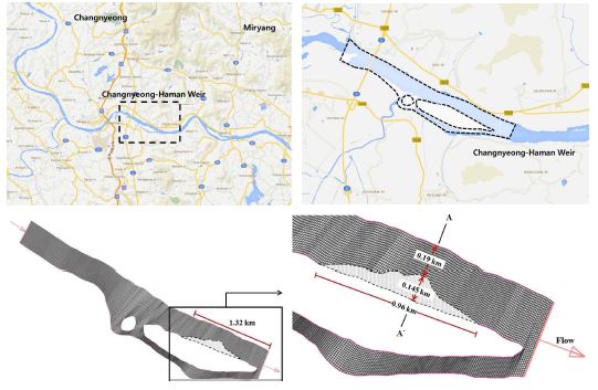 그림 2.2.4 모의 대상구간 및 하폭확대 지형(권용성, 2013)