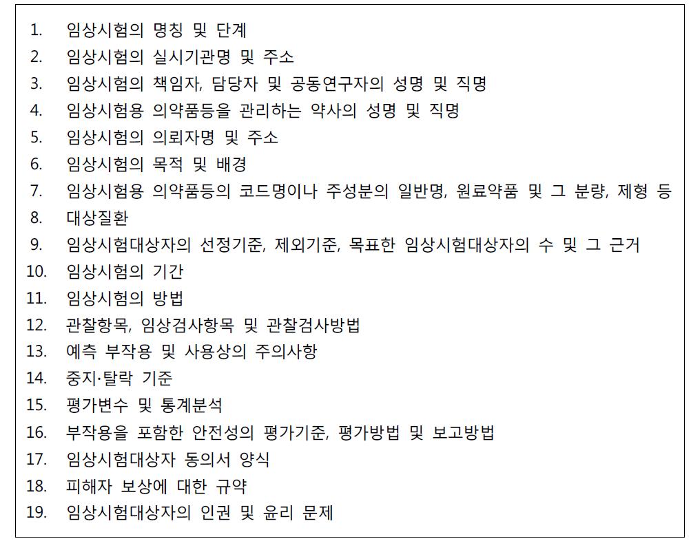 약사법령에 따른 임상시험 계획서 항목