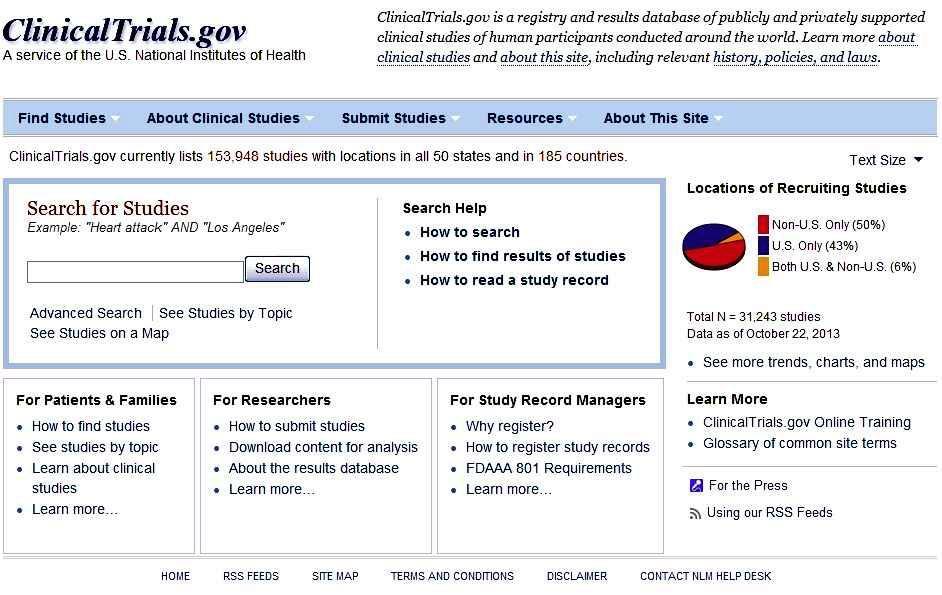 ClinicalTrials.gov의 메인화면