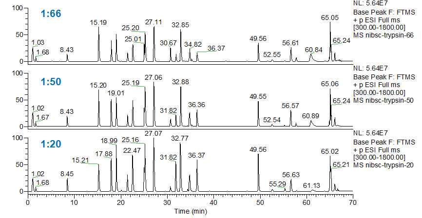 효소와 단백질의 반응 비율에 따른 질량분석 크로마토그램 비교분석