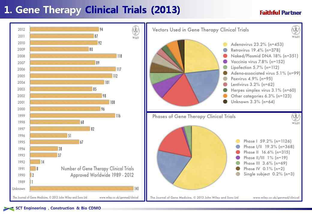 2013년 현재 유전자치료 임상시험에 사용되고 있는 벡터 현황 (J. Gene Medicine)