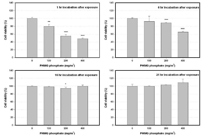PHMG-phosphate 입자노출 후 분석시점에 따른 세포생존도 차이