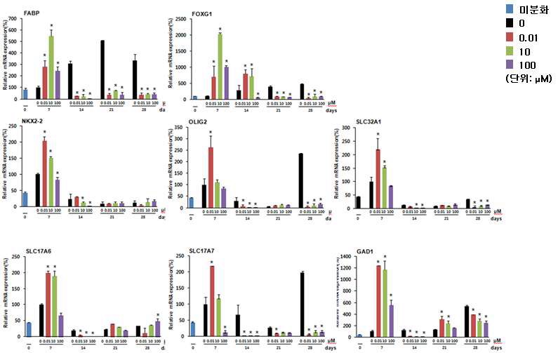 Fig. 59. 신경세포로 분화 중 발생독성물질인 indomethacin 처리 시 lineage별 표지 마커의 발현 확인