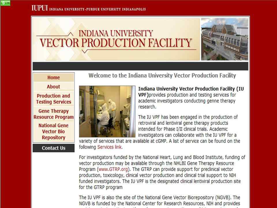 NGVL 인디애너 대학 Vector Production Facility 홈페이지 안내