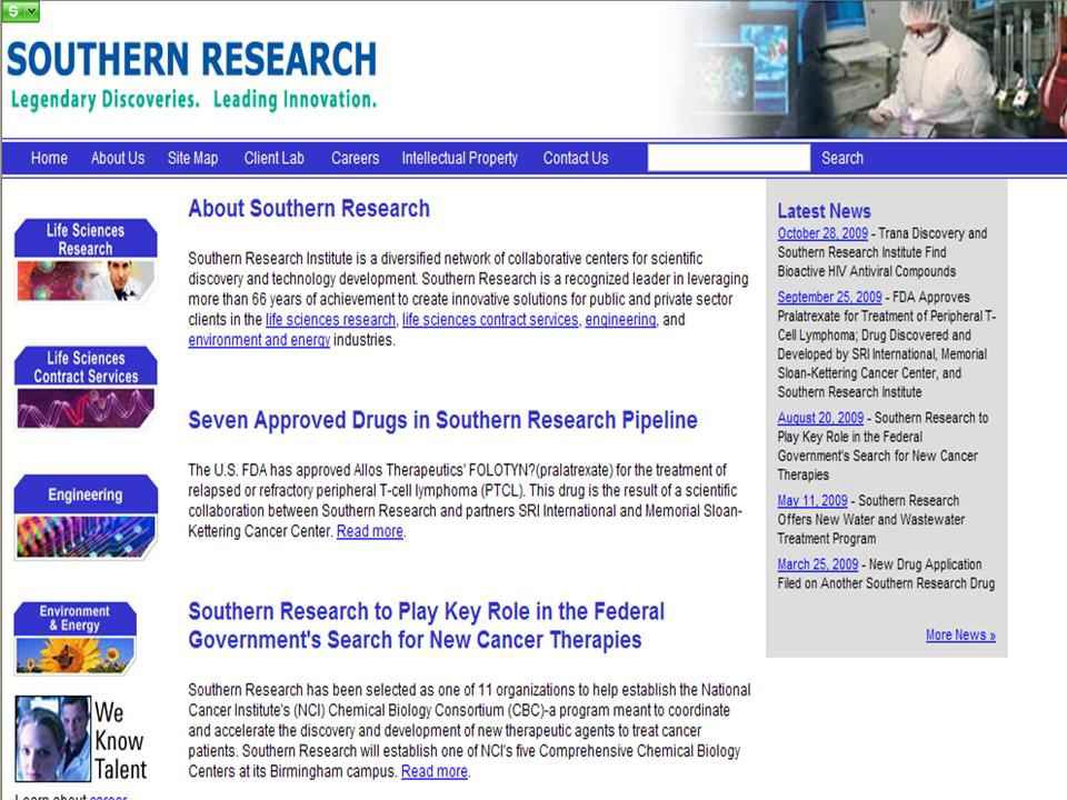 NGVL Southern Research Institute의 독성시험 CDMO 센터 홈페이지 안내
