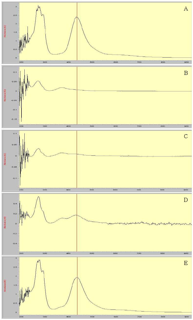 UV-Spectrophotometry spectrum corresponding to: A, standard 1.2 mL (594.48 μg as CS2); B, mandarin control; C, spiked at 0.1 mg/kg (5 μg as CS2); D, spiked at 1 mg/kg (50 μg as CS2), and E, spiked at 10 mg/kg (500 μg as CS2)