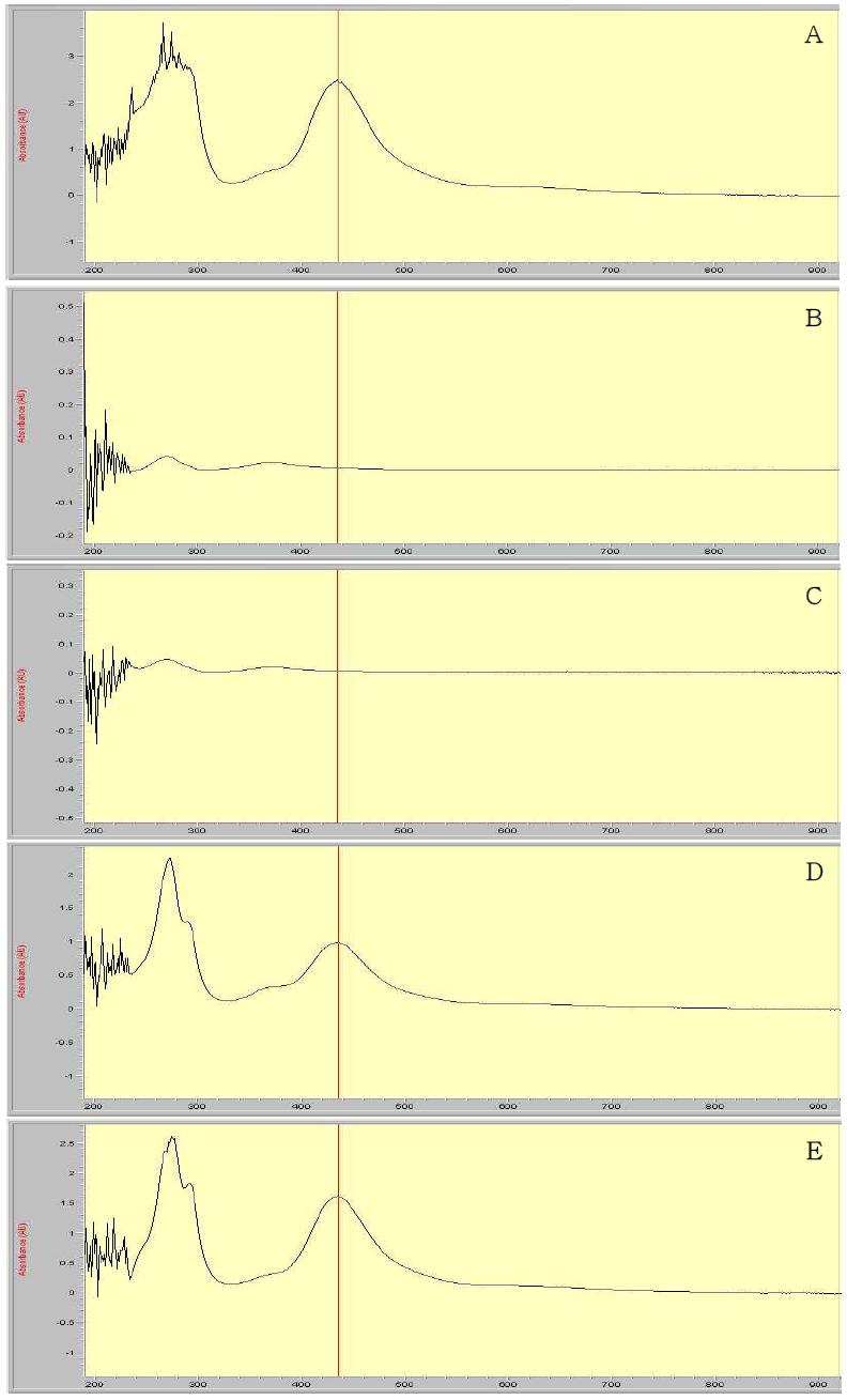 UV-Spectrophotometry spectrum corresponding to: A, standard 1.2 mL (594.48 μg as CS2); B, pepper control; C, spiked at 0.1 mg/kg (5 μg as CS2); D, spiked at 1 mg/kg (50 μg as CS2), and E, spiked at 10 mg/kg (500 μg as CS2)