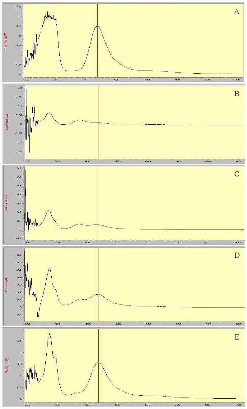 UV-Spectrophotometry spectrum corresponding to: A, standard 1.2 mL (594.48 μg as CS2); B, soybean control; C, spiked at 0.1 mg/kg(5 μg as CS2); D, spiked at 1 mg/kg(50 μg as CS2), and E, spiked at 10 mg/kg(500 μg as CS2)