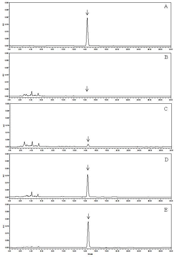 HPLC-UVD chromatograms corresponding to: A, fenpyrazamine standard at 5.0 μg/mL; B, control grape; C, spiked at 0.05 mg/kg; D, spiked at 0.5 mg/kg, and E, spiked at 5.0 mg/kg