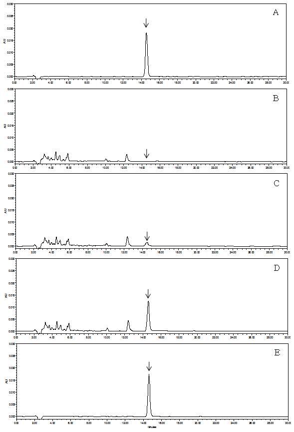 HPLC-UVD chromatograms corresponding to: A, fenpyrazamine standard at 5.0 μg/mL; B, control potato; C, spiked at 0.05 mg/kg; D, spiked at 0.5 mg/kg, and E, spiked at 5.0 mg/kg