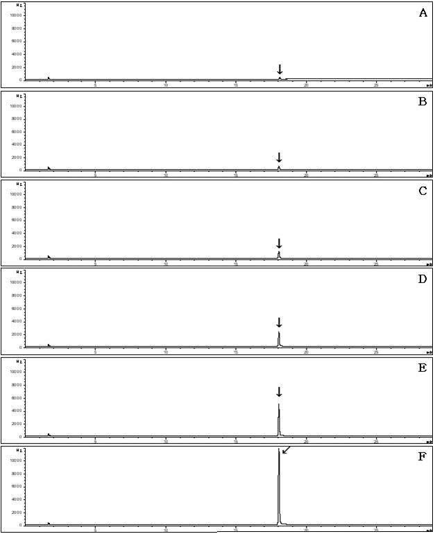 GC-ECD chromatograms of flutianil standard at A; 0.1 mg/kg, B; 0.2 mg/kg, C; 0.5 mg/kg, D; 1.0 mg/kg, E; 2.0 mg/kg, F, 5.0 mg/kg