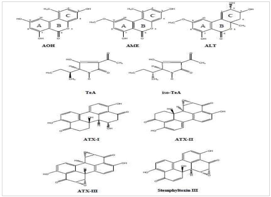 Chemical structure of AOH, AME, ALT, stemphyl toxin III, ATX-I, ATX-II, ATX-III, TEN, TeA and iso-TeA.