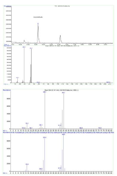 Fig 19. 아세트알데히드 표준용액(100 mg/L)의 GC-MS 크로마토크램과 MS 라이브러리