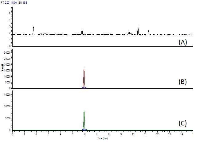 Fig. 48. Chromatogram of dihydrostreptomycin at blank (A), standard solution (B) and spiked sample of beef (C).