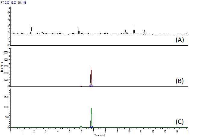 Fig. 49. Chromatogram of amikacin at blank (A), standard solution (B) and spiked sample of beef (C).