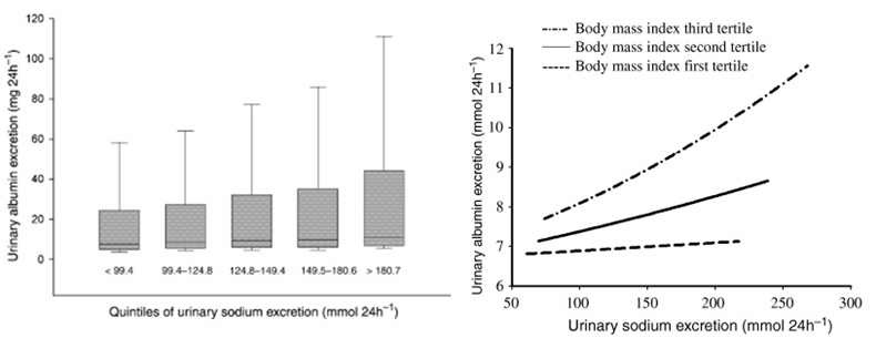 Figure 24. The relationship between urine sodium and protein excretion in 7850 subjects in Groningen, Netherlands
